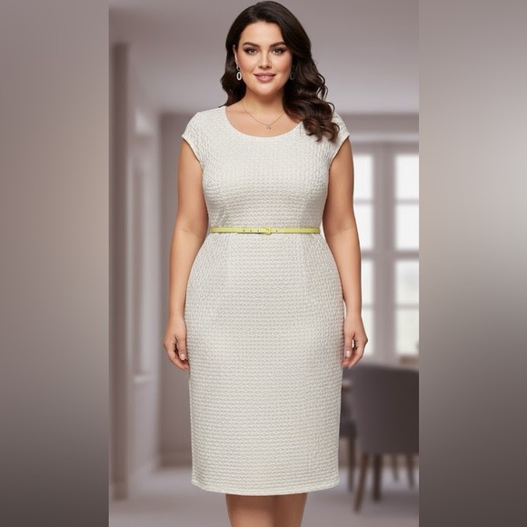 Sharagano Woman Pullover Dress stretchable Gray & Yellow Lines & Belt Size 14W - Picture 1 of 15